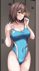 Rule 34 | 1girl, abataa, absurdres, aqua one-piece swimsuit, breasts, brown hair, cleavage, competition swimsuit, covered navel, furutaka (kancolle), glowing, glowing eye, heterochromia, highleg, highleg swimsuit, highres, kantai collection, large breasts, locker, one-piece swimsuit, short hair, solo, swimsuit, yellow eyes
