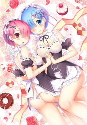 Rule 34 | 10s, 2girls, ass, blue eyes, blue hair, blush, breasts, checkerboard cookie, cherry, cleavage, closed mouth, cookie, cupcake, detached sleeves, doughnut, dutch angle, flower, food, fruit, hair ornament, holding hands, looking at viewer, maid, maid headdress, medium breasts, multiple girls, no pants, parted lips, petals, pink eyes, pink hair, ram (re:zero), re:zero kara hajimeru isekai seikatsu, red flower, red rose, rem (re:zero), ribbon-trimmed clothes, ribbon trim, rose, short hair, siblings, sisters, smile, summer-d (dodojune), twins, x hair ornament