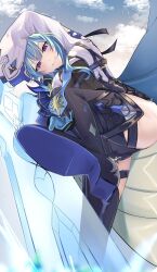 Rule 34 | 1girl, arm up, black footwear, blue hair, blue necktie, blue sky, blush, boots, breasts, chest harness, cloud, crystal sword, eula (genshin impact), from below, genshin impact, harness, high-waist shorts, high heel boots, high heels, highres, holding, holding sword, holding weapon, large breasts, long sleeves, looking at viewer, looking down, medium hair, necktie, pikurusuda, purple eyes, shoe soles, shorts, side cape, sky, smile, solo, stomping, sword, thigh boots, weapon, white sleeves, wide sleeves