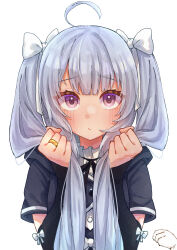 Rule 34 | 1girl, absurdres, assault lily, black ribbon, blunt bangs, blush, bow, closed mouth, commentary request, cropped jacket, detached sleeves, frilled shirt, frilled shirt collar, frills, grey hair, hair bow, hands up, highres, holding, holding hair, hood, hood down, jewelry, long hair, long sleeves, looking at viewer, miriam hildegard von gropius, neck ribbon, purple eyes, raised eyebrows, ribbon, ring, school uniform, shirt, short sleeves, simple background, sleeve bow, sleeves past wrists, solo, twintails, upper body, white background, white bow, white shirt, yozakurayuyu, yurigaoka girls academy school uniform