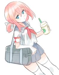 Rule 34 | 1girl, alternate costume, bag, blue eyes, blue sailor collar, blue skirt, breasts, bright pupils, closed mouth, cowboy shot, cup, disposable cup, drink, female focus, hair ribbon, hands up, highres, holding, holding cup, jpeg artifacts, komuro takahiro, looking at viewer, miniskirt, neckerchief, orange hair, pleated skirt, ponytail, red neckerchief, ribbon, sailor collar, school uniform, sera (world flipper), serafuku, shirt, short hair, short sleeves, shoulder bag, sidelocks, simple background, sketch, skirt, small breasts, solo, standing, thighhighs, white background, white pupils, white ribbon, white shirt, white thighhighs, world flipper, zettai ryouiki