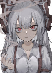 Rule 34 | 1girl, absurdres, bags under eyes, bow, buttons, cigarette, collarbone, collared shirt, fujiwara no mokou, hair bow, head tilt, highres, hisha (kan moko), holding, holding cigarette, juliet sleeves, long hair, long sleeves, looking at viewer, open mouth, parted lips, puffy sleeves, red eyes, shirt, silver hair, simple background, smoking, solo, standing, suspenders, touhou, upper body, white background, wing collar