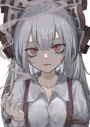 1girl absurdres bags_under_eyes bow buttons cigarette collarbone collared_shirt fujiwara_no_mokou hair_bow head_tilt highres hisha_(kan_moko) holding holding_cigarette juliet_sleeves long_hair long_sleeves looking_at_viewer open_mouth parted_lips puffy_sleeves red_eyes shirt silver_hair simple_background smoking solo standing suspenders touhou upper_body white_background wing_collar