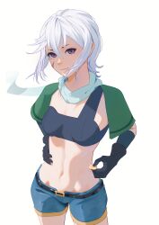 Rule 34 | 1girl, absurdres, aqua scarf, belt, blue shorts, blue sports bra, breasts, capelet, chris (konosuba), closed mouth, coin, cowboy shot, facial scar, green capelet, hand on own hip, highres, holding, holding coin, kono subarashii sekai ni shukufuku wo!, looking at viewer, navel, purple eyes, scar, scar on cheek, scar on face, scarf, short hair, shorts, simple background, small breasts, solo, sports bra, white background, ynnk lc