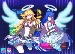Rule 34 | 10s, 2girls, alternate costume, angel wings, blonde hair, blue eyes, blue hair, bow, coin, corset, earrings, flipping coin, hair bow, halo, jewelry, long hair, lots of jewelry, midriff, multiple girls, navel, panty &amp; stocking with garterbelt, panty (psg), siblings, sisters, skirt, smile, stocking (psg), striped clothes, striped legwear, striped thighhighs, thighhighs, todee, wings