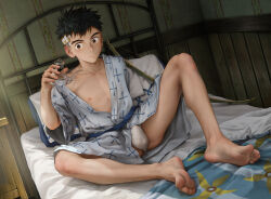 Rule 34 | 1boy, bandaid, bandaid on head, barefoot, bed, beitemian, black hair, blue kimono, bottle, bow (weapon), brown eyes, bulge, closed mouth, collarbone, full body, holding, holding bottle, indoors, japanese clothes, jug (bottle), kimono, light particles, male focus, male underwear, nipples, original, robe, solo, thick eyebrows, undercut, underwear, weapon, white male underwear, white robe