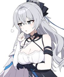 Rule 34 | 1girl, puff of air, armor, bare shoulders, black dress, black gloves, bow, breast hold, breasts, bronya zaychik, bronya zaychik (silverwing: n-ex), cleavage, detached sleeves, dress, gloves, grey eyes, grey hair, hair bow, half updo, hand up, highres, honkai (series), honkai impact 3rd, large breasts, lix (iroiro3843), long hair, looking away, parted lips, pauldrons, shoulder armor, simple background, single detached sleeve, single glove, single pauldron, sleeveless, sleeveless dress, solo, sweatdrop, upper body, white background