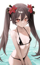 Rule 34 | 1girl, absurdres, bare shoulders, bikini, black bikini, blush, breasts, brown hair, collarbone, flower, genshin impact, grin, hair flower, hair ornament, highres, hu tao (genshin impact), leather, leather bikini, long hair, long sleeves, looking at viewer, micro bikini, navel, rable, red eyes, shiny clothes, sidelocks, small breasts, smile, solo, swimsuit, symbol-shaped pupils, twintails, water