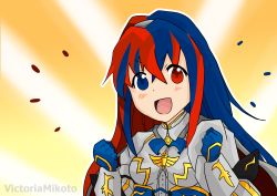 Rule 34 | 1girl, absurdres, alear (female) (fire emblem), alear (fire emblem), armor, artist name, blue eyes, blue hair, cape, crown, fire emblem, heterochromia, highres, matching hair/eyes, multicolored hair, nintendo, red eyes, red hair, self-upload, simple background, smile, solo, two-tone hair, victoria mikoto