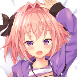 Rule 34 | 1boy, :d, animal hood, arm up, astolfo (fate), astolfo (memories at trifas) (fate), bad id, bad pixiv id, bed sheet, black bow, blush, bow, braid, child, close-up, clothes lift, collarbone, commentary request, dakimakura (medium), dot nose, fang, fate/apocrypha, fate (series), fingernails, from above, hair bow, hair intakes, half-closed eyes, hood, hood down, hooded jacket, jacket, jewelry, lips, long hair, long sleeves, looking at viewer, lying, male focus, nanohana kohina, necklace, official alternate costume, on back, open clothes, open jacket, open mouth, pendant, pink hair, portrait, purple eyes, purple jacket, purple shirt, raised eyebrows, shirt, shirt lift, single braid, skin fang, smile, solo, striped clothes, striped shirt, trap