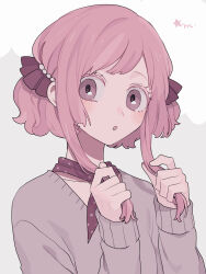 Rule 34 | 1girl, :o, blush stickers, grey background, highres, holding, holding own hair, long sleeves, looking at viewer, maco22, neckerchief, open mouth, original, pink hair, ribbon, short hair, sidelocks, simple background, solo, sweater, two-tone background, upper body, white background