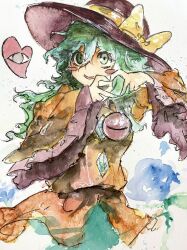 Rule 34 | 1girl, black hat, blouse, blush stickers, bow, cowboy shot, frilled sleeves, frills, green eyes, green hair, green skirt, hat, hat bow, hat ribbon, heart, heart hands, highres, komeiji koishi, long hair, long sleeves, looking at viewer, open mouth, painting (medium), ribbon, shirt, simple background, skirt, solo, third eye, touhou, traditional media, watercolor (medium), white background, wide sleeves, yanyanman, yellow bow, yellow ribbon, yellow shirt