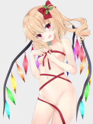 Rule 34 | 1girl, bad id, bad pixiv id, blonde hair, blush, bow, breasts, convenient censoring, cowboy shot, crystal, flandre scarlet, grey background, hair between eyes, hair bow, hands up, highres, long hair, looking at viewer, naked ribbon, navel, one side up, red bow, red eyes, red ribbon, ribbon, simple background, small breasts, smile, solo, tosakaoil, touhou, wings
