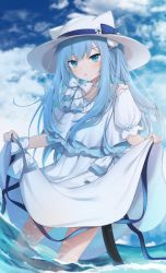 Rule 34 | 1girl, amashiro natsuki, animal ears, animal hat, blue bow, blue eyes, blue hair, blue sky, bow, cloud, cloudy sky, commentary, day, dress, eyebrows hidden by hair, fake animal ears, hat, hat bow, highres, nekoha shizuku, original, outdoors, parted lips, puffy short sleeves, puffy sleeves, short sleeves, skirt hold, sky, solo, standing, wading, water, white bow, white dress, white hat