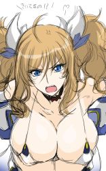 Rule 34 | 1girl, angry, aoi nagisa (metalder), bare shoulders, blonde hair, blue eyes, blush, breasts, cleavage, female focus, huge breasts, leaning forward, leotard, lilith-soft, long hair, looking at viewer, onizaki kirara, open mouth, sketch, solo, taimanin (series), taimanin asagi, taimanin rpgx, translation request, twintails
