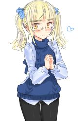 Rule 34 | 1girl, alternate hairstyle, aohashi ame, backless outfit, black pantyhose, blue ribbon, blue sweater, blush, casual, closed mouth, commentary request, cowboy shot, glasses, hair ribbon, halterneck, heart, highres, light frown, long hair, long sleeves, looking at viewer, meme attire, no pants, own hands together, panties, panties under pantyhose, pantyhose, perrine h. clostermann, ribbon, shirt, simple background, solo, standing, strike witches, sweater, sweater vest, thigh gap, twintails, underwear, virgin killer sweater, white background, white shirt, world witches series, yellow eyes
