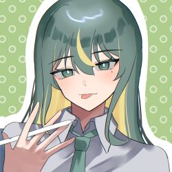 Rule 34 | 1girl, absurdres, apple pencil, blonde hair, blush, collared shirt, commentary, green background, green hair, green necktie, hair between eyes, highres, long hair, looking at viewer, mole, mole under eye, multicolored hair, necktie, original, outline, portrait, shirt, sidelocks, solo, tongue, tongue out, tsukuno tsuki, two-tone hair, white outline, white shirt