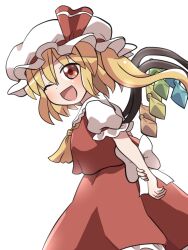 1girl ascot blonde_hair crystal_wings flandre_scarlet hat hat_ribbon highres looking_at_viewer mob_cap one_eye_closed open_mouth puffy_short_sleeves puffy_sleeves red_eyes red_skirt ribbon rokugou_daisuke shirt short_hair short_sleeves side_ponytail simple_background skirt smile solo touhou white_background white_shirt wings yellow_ascot