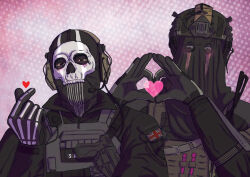 Rule 34 | 2boys, blue eyes, blush, call of duty, call of duty: modern warfare 2, commentary, english commentary, ghost (modern warfare 2), gloves, headphones, heart, heart hands, helmet, highres, jazmeanb, konig, looking at viewer, male focus, mask, military uniform, multiple boys, skull mask, uniform, upper body, weapon request