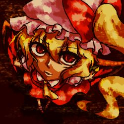 Rule 34 | 1girl, blonde hair, discharge cycle, female focus, flandre scarlet, foreshortening, from above, hat, perspective, ponytail, red eyes, side ponytail, solo, tobi (discharge cycle), touhou, vampire, wings