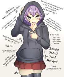 Rule 34 | 1340smile, 1girl, absurdres, bernadetta von varley, black hoodie, black thighhighs, casual, commentary, contemporary, english commentary, english text, fire emblem, fire emblem: three houses, fire emblem heroes, green eyes, hair between eyes, highres, hood, hood up, hoodie, long sleeves, looking at viewer, nintendo, open mouth, panicking, purple hair, red skirt, short hair, skirt, solo, thighhighs, thighs, white background, zettai ryouiki