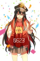 Rule 34 | 1girl, black hair, black hat, black skirt, breasts, confetti, echo (circa), fate/grand order, fate (series), hat, jacket, letterman jacket, long hair, long sleeves, looking at viewer, miniskirt, oda nobunaga (fate), oda nobunaga (swimsuit berserker) (fate), oda uri, open clothes, open jacket, open mouth, peaked cap, red eyes, red shirt, shirt, skirt, small breasts, smile, solo, thighs, v