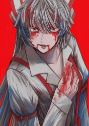 Rule 34 | 1girl, blood, bow, collarbone, commentary request, fujiwara no mokou, grey hair, hair bow, highres, long hair, long sleeves, looking at viewer, mamiru (42105269), parted lips, red background, red eyes, simple background, solo, touhou, upper body