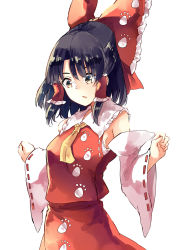 Rule 34 | 1girl, ascot, black hair, bow, collar, deetamu, detached sleeves, frilled collar, frills, hair bow, hair tubes, hakurei reimu, highres, large bow, looking down, paw print, red skirt, ribbon-trimmed sleeves, ribbon trim, sarashi, simple background, skirt, skirt set, solo, touhou, white background, wily beast and weakest creature, yellow ascot, yellow eyes