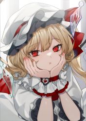 Rule 34 | 1girl, absurdres, bed, blonde hair, bow, closed mouth, collar, collared shirt, crystal, daimaou ruaeru, dress, flandre scarlet, frills, hair between eyes, hands on own face, hands up, hat, hat bow, heart, highres, jewelry, lying, mob cap, nail polish, one eye closed, puffy short sleeves, puffy sleeves, red bow, red dress, red eyes, red nails, shirt, short hair, short sleeves, simple background, solo, touhou, white background, white hat, white shirt, wings, wrist cuffs