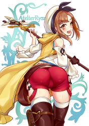 Rule 34 | 1girl, artist request, ass, atelier (series), atelier ryza, bare shoulders, blush, boots, brown eyes, brown hair, cameltoe, copyright name, from behind, gloves, hat, holster, looking at viewer, looking back, open mouth, red shorts, reisalin stout, shiny skin, short hair, short shorts, shorts, single glove, smile, solo, staff, thigh boots, thigh holster, thighhighs