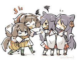 Rule 34 | 10s, 4girls, :d, ^ ^, alternate hair ornament, angry, animal ears, bare shoulders, blush, brown hair, cat ears, cat tail, detached sleeves, dog ears, dog tail, earrings, closed eyes, fang, flying sweatdrops, fusou (kancolle), hair ornament, hyuuga (kancolle), ise (kancolle), japanese clothes, jewelry, kantai collection, kemonomimi mode, konno akikaze, long hair, multiple girls, nontraditional miko, one eye closed, open mouth, pleated skirt, ponytail, purple hair, red eyes, red skirt, short hair, skirt, smile, tail, tail wagging, tears, torihamu, twitter username, wavy mouth, white background, yamashiro (kancolle), yellow skirt