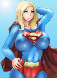 Rule 34 | 1girl, blonde hair, bodysuit, breasts, cape, dc comics, green eyes, hand on own hip, impossible clothes, large breasts, lens flare, looking at viewer, navel, ogura anko, shiny clothes, skin tight, sky, solo, supergirl