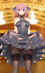 Rule 34 | 1girl, bare shoulders, black bow, black dress, black gloves, black panties, blue eyes, blunt bangs, blush, bow, breasts, brown thighhighs, cleavage, clothes lift, dress, dress lift, frilled dress, frills, garter straps, gloves, gluteal fold, go-toubun no hanayome, hair ornament, hair ribbon, highres, indoors, kongbai, lace, lace-trimmed legwear, lace trim, lifting own clothes, lips, looking at viewer, medium breasts, nakano nino, open mouth, panties, pantyshot, pink hair, ribbon, short hair, sleeveless, sleeveless dress, solo, standing, thighhighs, underwear