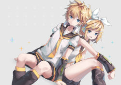 Rule 34 | 1boy, 1girl, :d, black sailor collar, black shorts, blonde hair, blue eyes, blush, bow, brother and sister, closed mouth, commentary request, detached sleeves, hair bow, hair ornament, hairclip, headphones, headphones around neck, huanxiang huifeng, kagamine len, kagamine rin, leg warmers, looking at viewer, open mouth, puffy short sleeves, puffy sleeves, sailor collar, shirt, short hair, short shorts, short sleeves, shorts, siblings, sitting, smile, twins, vocaloid, white bow, white shirt