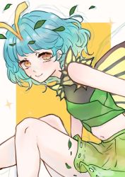 Rule 34 | 0nia nia29, 1girl, antennae, aqua hair, bad anatomy, blush, butterfly wings, closed mouth, dress, eternity larva, fairy, green dress, highres, insect wings, leaf, leaf on head, multicolored clothes, multicolored dress, one-hour drawing challenge, orange eyes, short hair, short sleeves, smile, solo, sparkle, touhou, wings