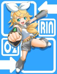 Rule 34 | 1girl, :d, aqua eyes, arm warmers, belt, black shorts, blonde hair, blouse, blue background, blue eyes, blush, bow, character name, clenched hand, full body, hair bow, hair ornament, hairclip, headphones, kagamine rin, leg warmers, looking at viewer, microphone, open mouth, outstretched arm, panties, pantyshot, ribbon, sailor collar, shirt, short hair, shorts, sleeveless, smile, solo, swept bangs, t2r, tattoo, treble clef, underwear, upshorts, vocaloid, white bow, white panties, white shirt, yellow ribbon