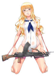 Rule 34 | 1girl, ayato, blonde hair, blush, bren lmg, clothing cutout, full body, glasses, gun, highres, kneeling, light machine gun, long hair, looking at viewer, machine gun, nipples, one-piece swimsuit, parted lips, perrine h. clostermann, sailor collar, shiny skin, side cutout, simple background, smile, solo, squad automatic weapon, strike witches, swimsuit, teeth, weapon, white background, white one-piece swimsuit, world witches series, yellow eyes
