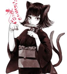 Rule 34 | 1girl, animal ears, bell, black eyes, black hair, cat day, cat ears, cat girl, cat tail, highres, japanese clothes, kimono, looking at viewer, mouth hold, multiple tails, neck bell, nyan, original, ryousuke (tukr5384), simple background, solo, tail, white background