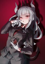 Rule 34 | 1girl, alcohol, black jacket, black pants, blunt bangs, commentary request, cup, demon horns, demon tail, drinking glass, gloves, helltaker, highres, holding, holding cup, horns, jacket, long hair, long sleeves, looking at viewer, lucifer (helltaker), mole, mole under eye, pants, parted lips, red eyes, shuru y, silver hair, solo, tail, white gloves, wine