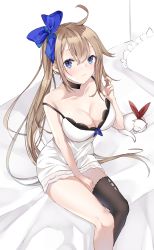 Rule 34 | 1girl, ahoge, animal, bed, black thighhighs, blue eyes, blush, breasts, choker, closed mouth, dress, fal (girls&#039; frontline), ferret, girls&#039; frontline, hair between eyes, hair ribbon, highres, large breasts, light brown hair, long hair, off shoulder, pillow, ponytail, ribbon, sakippo (sakippo0), side ponytail, sidelocks, single thighhigh, sitting, thighhighs, white dress