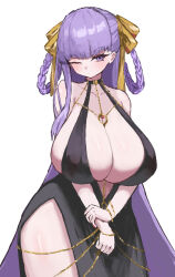 Rule 34 | 1girl, absurdres, bare shoulders, bb (fate), bb dubai (fate), belly chain, black dress, blush, braid, braided hair rings, breasts, center opening, cleavage, dress, fate/grand order, fate (series), flower-land, hair ribbon, highres, huge breasts, jewelry, long hair, looking at viewer, nail polish, necklace, one eye closed, purple eyes, purple hair, ribbon, side slit, sideboob, solo, thighs, twin braids, very long hair, yellow ribbon