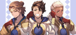 Rule 34 | 3boys, alternate hairstyle, brown hair, clenched hand, clenched hands, dark skin, fire emblem, fire emblem heroes, gloves, hair bun, highres, kiran (fire emblem), looking at viewer, multiple boys, nakabayashi zun, nintendo, official alternate costume, open mouth, red gloves, single hair bun, smile, teeth, tiara, white hair, yellow eyes