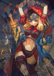 Rule 34 | 1girl, arms up, black thighhighs, blonde hair, blue eyes, breasts, chain, crop top, hood, king valentine, lack, large breasts, long hair, midriff, navel, odin sphere, puffy sleeves, restrained, revision, short sleeves, striped clothes, striped thighhighs, thighhighs, velvet (odin sphere), vertical-striped clothes, vertical-striped thighhighs