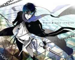 Rule 34 | 1boy, bad id, bad pixiv id, belt, black hair, black rock shooter, black rock shooter (character), black rock shooter (cosplay), black theme, blue theme, chain, clothes, cosplay, crossover, headset, hitoyo hitomi, kaito (vocaloid), male focus, pants, perspective, scarf, solo, star (symbol), sword, tiles, vocaloid, wallpaper, weapon