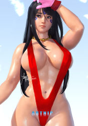 Rule 34 | 1girl, aa megami-sama, aged up, alternate breast size, artnip, black eyes, black hair, breasts, choker, cleavage, covered erect nipples, curvy, earrings, facial mark, forehead mark, gloves, jewelry, large breasts, long hair, looking to the side, navel, nipple piercing, one-piece swimsuit, piercing, pink gloves, red one-piece swimsuit, skuld (aa megami-sama), slingshot swimsuit, solo, swimsuit, very long hair