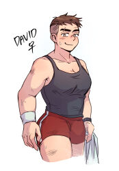 Rule 34 | 1girl, armband, black eyes, black hair, black tank top, breasts, character name, cleavage, closed mouth, cowboy shot, david king (dead by daylight), dead by daylight, eyebrow cut, genderswap, genderswap (mtf), gym shorts, highres, holding, holding towel, looking at viewer, medium breasts, red shorts, scuffed, short hair, shorts, smile, solo, sweat, tank top, towel, undercut, wasted m9, watch, white armband, white background, white towel, wristwatch