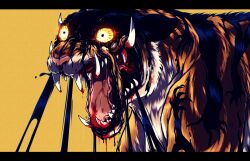 Rule 34 | absurdres, animal, blood, blood on mouth, blood on tongue, colored sclera, commentary, dream tiger (govy9807), english commentary, fangs, fangs out, highres, ishmi, letterboxed, looking at another, monster, monster focus, no humans, open mouth, orange fur, orange sclera, sharp teeth, solo, teeth, tiger, tongue, yellow background