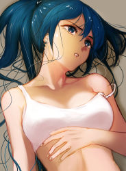 Rule 34 | 1girl, absurdres, bare shoulders, blue eyes, blue hair, breasts, earrings, hair between eyes, hair spread out, hand on own chest, highres, jewelry, leona heidern, long hair, lying, medium breasts, ponytail, solo, spehd0228, strap slip, tank top, the king of fighters, upper body, white tank top