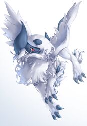Rule 34 | absol, animal focus, artist name, covered mouth, creatures (company), feathered wings, full body, fur collar, game freak, gen 3 pokemon, gradient background, hair over one eye, highres, long hair, looking to the side, mega absol, mega pokemon, nintendo, no humans, one eye covered, pokemon, pokemon (creature), red eyes, shia (shi12 poke), signature, simple background, solo, white background, white hair, white theme, white wings, wings