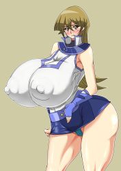 Rule 34 | 1girl, breasts, brown eyes, covered erect nipples, curvy, fingerless gloves, gigantic breasts, gloves, highres, long hair, school uniform, skirt, solo, tenjouin asuka, thick thighs, thighs, yasumon, yu-gi-oh!, yu-gi-oh! gx